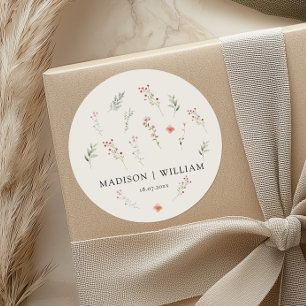 Minimal Wildflower Boho Beige Floral Wedding Classic Round Sticker