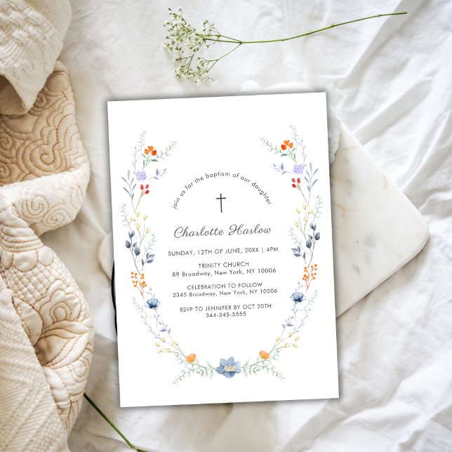Minimal Wildflower Floral Wreath Cross Baptism Invitation (Minimal Wildflower Floral Wreath Cross Baptism Invitation)