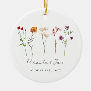 Minimal Wildflower Lesbian Pride Floral Wedding Ceramic Ornament