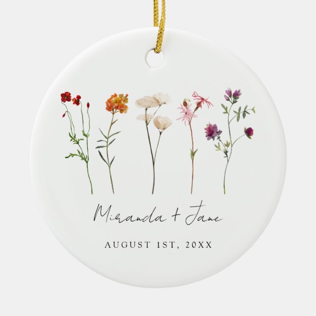 Minimal Wildflower Lesbian Pride Floral Wedding Ceramic Ornament (Front)