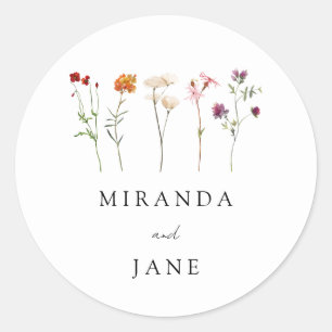 Minimal Wildflower Lesbian Pride Floral Wedding Classic Round Sticker