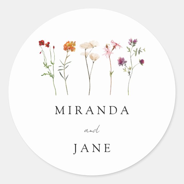 Minimal Wildflower Lesbian Pride Floral Wedding Classic Round Sticker (Front)