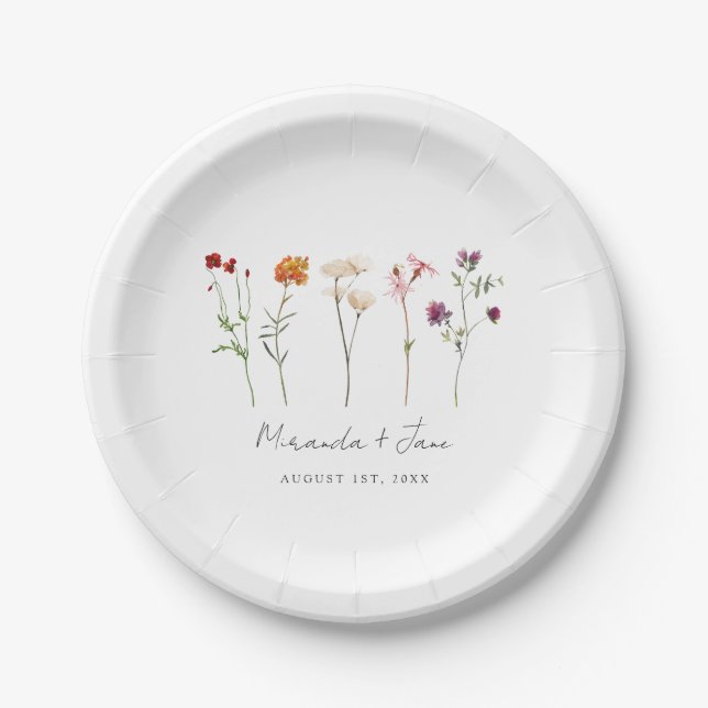 Minimal Wildflower Lesbian Pride Floral Wedding Paper Plate (Front)