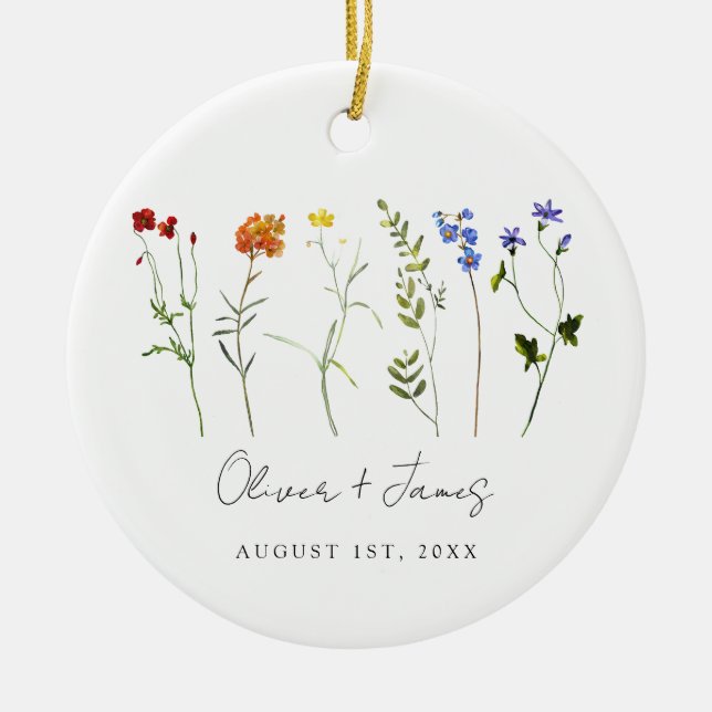 Minimal Wildflower LGBTQ Gay Pride Floral Wedding Ceramic Ornament (Front)