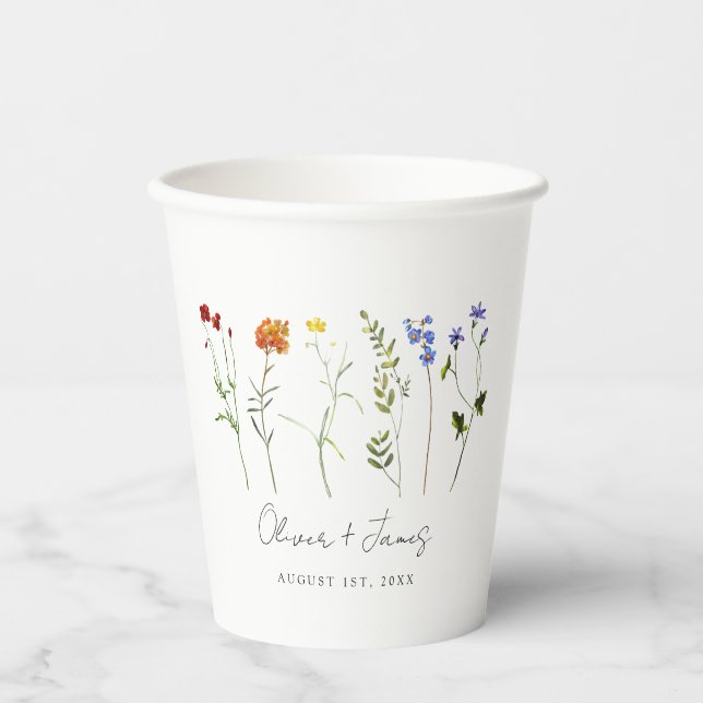 Minimal Wildflower LGBTQ Gay Pride Floral Wedding Paper Cups (Front)
