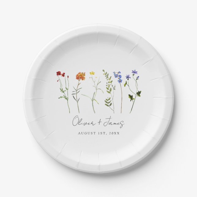 Minimal Wildflower LGBTQ Gay Pride Floral Wedding Paper Plate (Front)