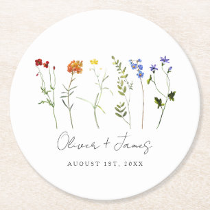 Minimal Wildflower LGBTQ Gay Pride Floral Wedding Round Paper Coaster