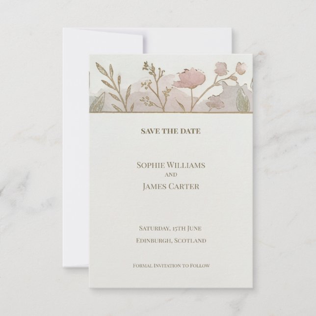 Minimal Wildflower Save The Date Card (Front)