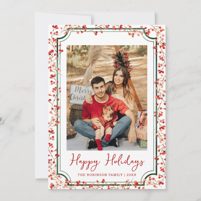 Minimal Winter Berries Happy Holidays 1 Photo Holiday Card (Front)