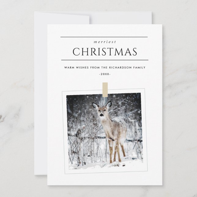 MINIMAL WINTER PHOTO SNOW DEER MERRIEST CHRISTMAS HOLIDAY CARD (Front)