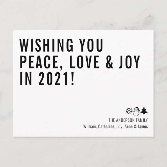 Minimal Wishing You Peace Love Joy 2021 New Year Holiday Postcard (Front)