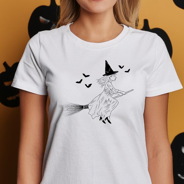 Minimal Witch And Bats Black Line Art Halloween T-Shirt (Disclaimer: This image is a digital mockup.)