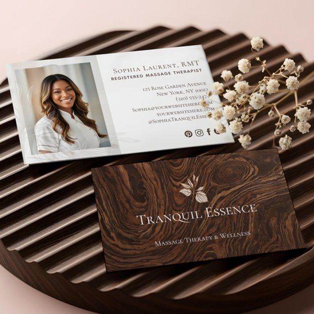 Minimal Woodgrain Leaf Massage Therapist Photo Business Card (Minimal Woodgrain Leaf Massage Therapist Photo Business Card)