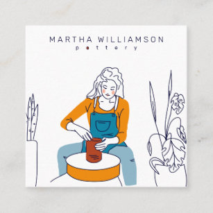 Minimal yellow blue woman illustration pottery square business card