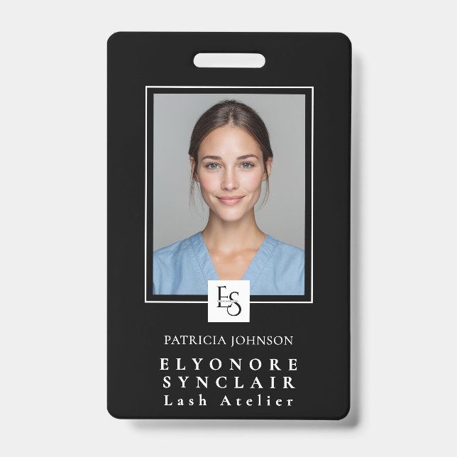 MinimalBlack White Script Lash Photo Logo ID Badge (Front)