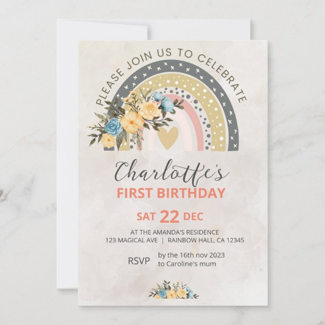 Minimali Pompas Grass Retro Rainbow Boho Birthday  Invitation (Front)