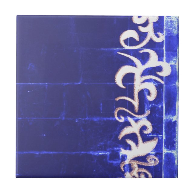 Minimalism Abstract Art Blue White Hand Drawing Ceramic Tile (Front)