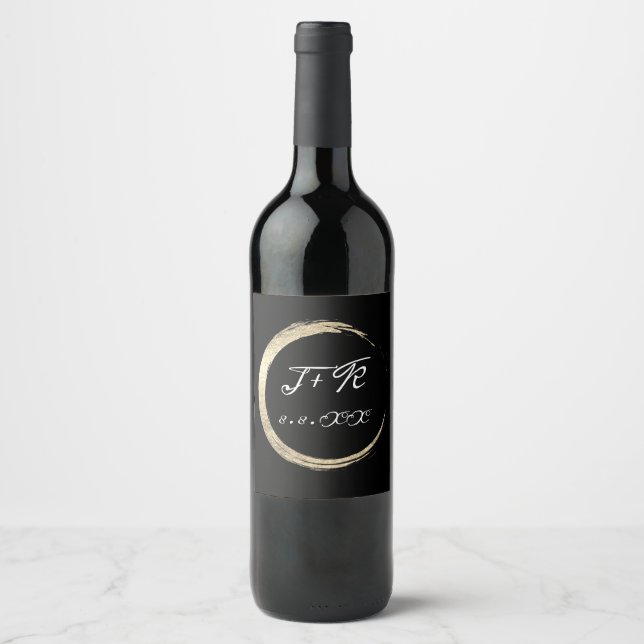 Minimalism Black White Gold Initial Monogram Lux Wine Label (Front)