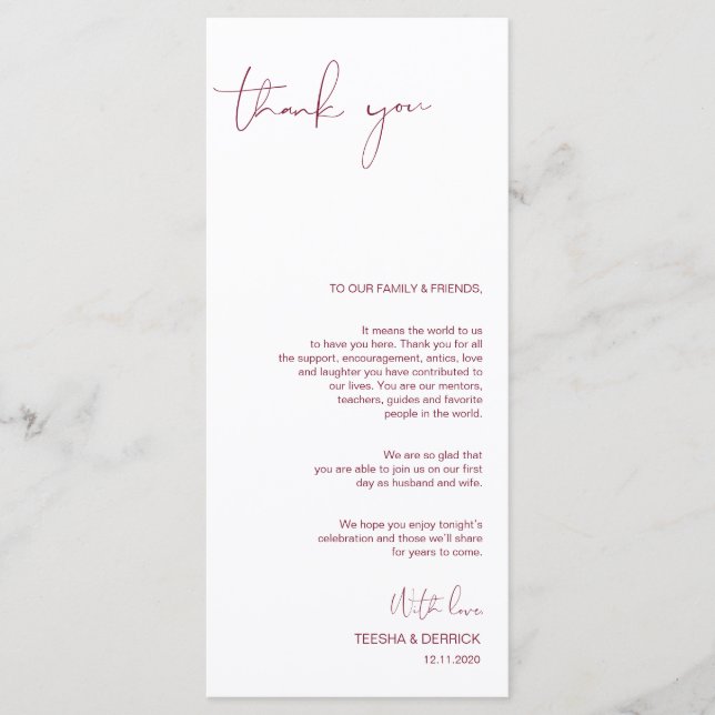 Minimalism Burgundy Script Place Setting Thank You Program (Front)