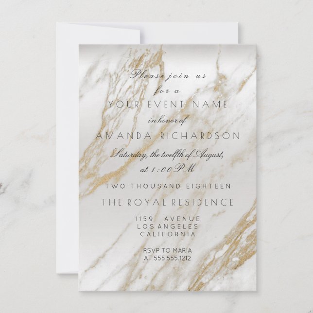 Minimalism Gold White Grey Marble Silver Metallic Invitation (Front)