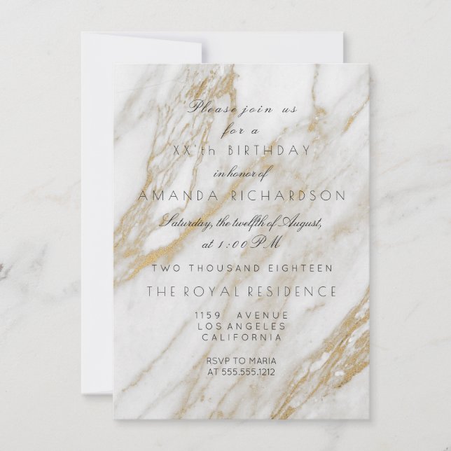 Minimalism Grey Gold White Marble  Birthday Invitation (Front)