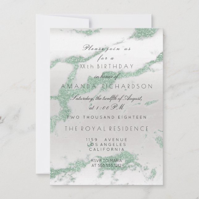 Minimalism Grey Marble Silver Mint Green Birthay Invitation (Front)