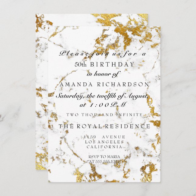 Minimalism Grey White Marble Gold Birthday Invitation (Front/Back)