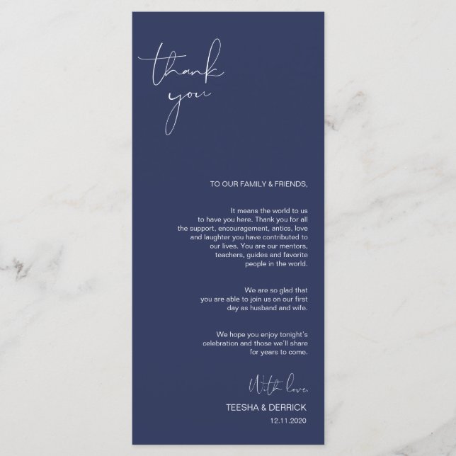 Minimalism Navy Script Place Setting Thank You Program (Front)