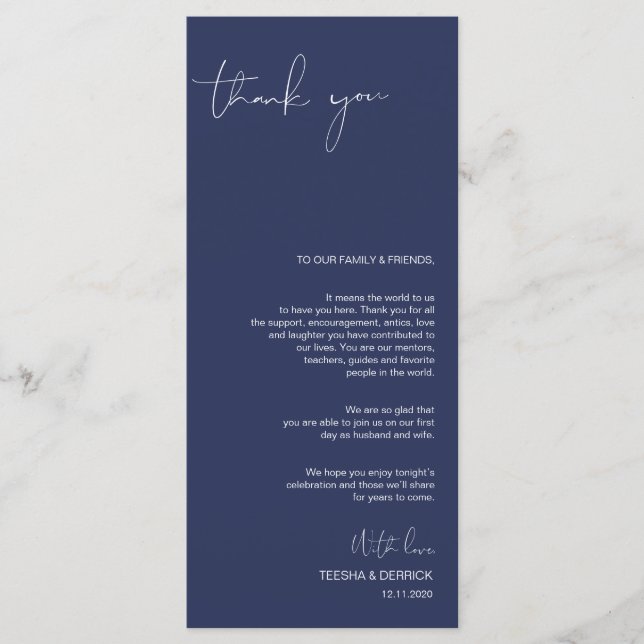 Minimalism Navy Script Place Setting Thank You Program (Front)