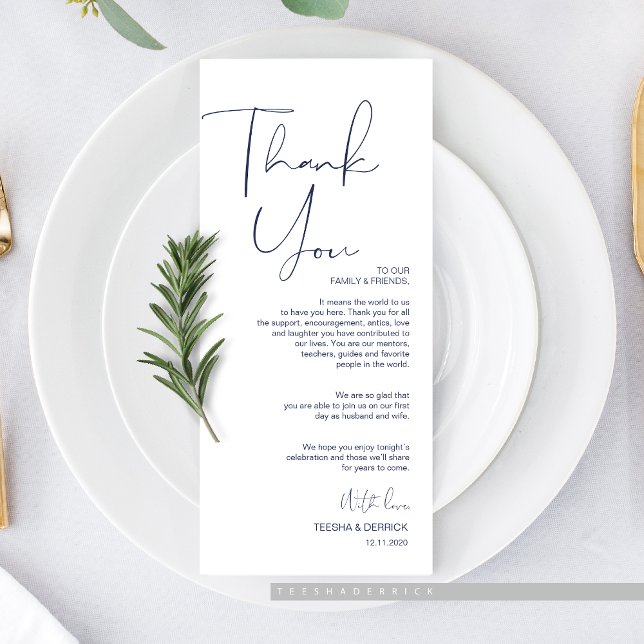 Minimalism Navy Script Place Setting Thank You Program (Minimalism Navy Blue Script Place Setting Thank You Card, for Wedding Elopement Dinner Plate Decor.)