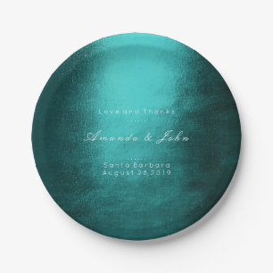 Minimalism Personalised Teal Tropic White Wedding Paper Plate