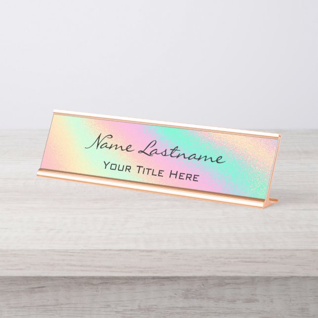 Minimalism  Rose Custom Elegant Holographic Pastel Desk Name Plate (Front)