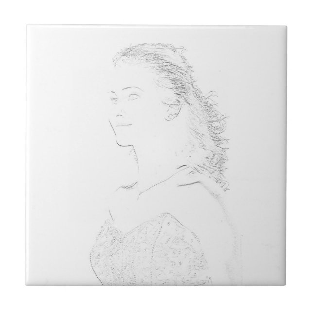 Minimalism Sketch Drawing Young Lady Face Head Ceramic Tile (Front)