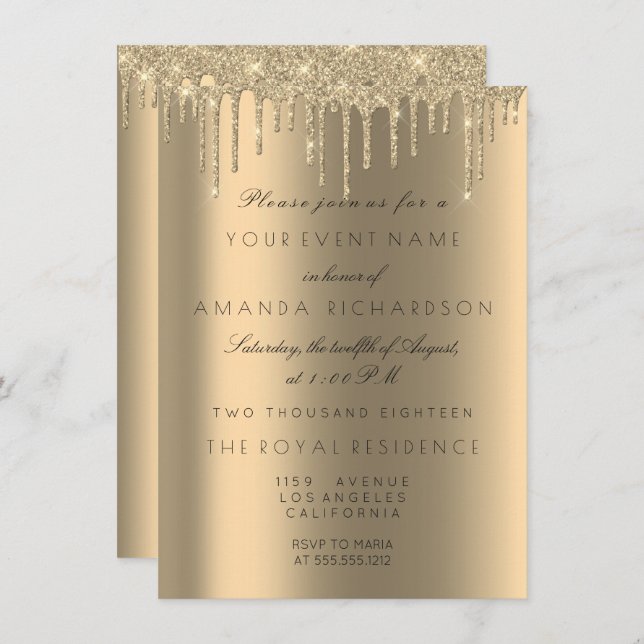 Minimalism Sparkly Drips Gold Birthday Invitation (Front/Back)