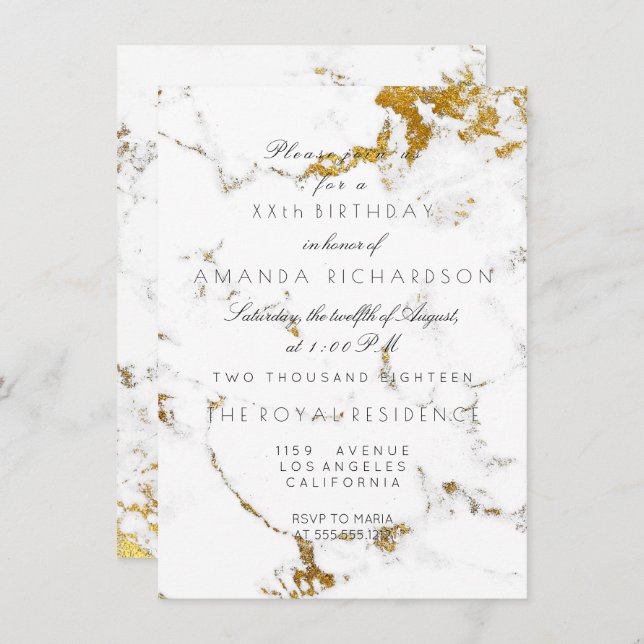 Minimalism White Carrara Marble Gold Birthday Invitation (Front/Back)