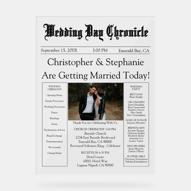 Minimalist 1 Photo Elegant Script Wedding Program Acrylic Sign (Front)