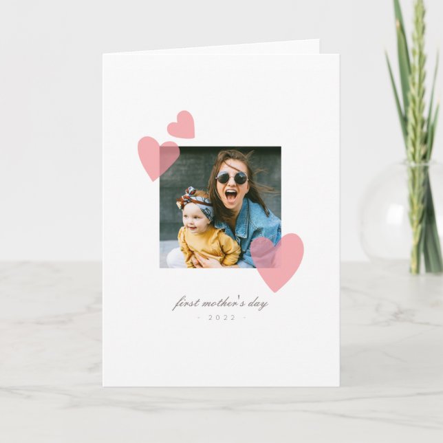 Minimalist 1st Mother's Day Photo Gift with Hearts Card (Front)
