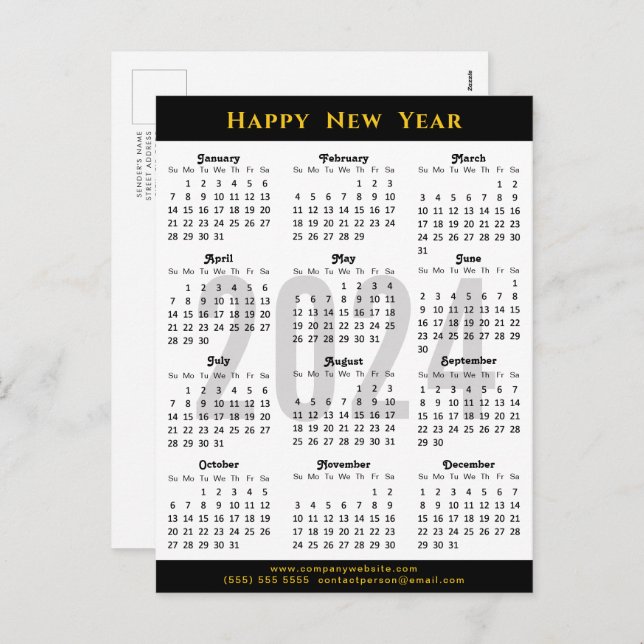 Minimalist 2024 Calendar Modern Black Corporate Holiday Postcard (Front/Back)
