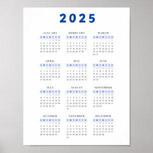Minimalist 2025 Wall Calendar Blue Poster 