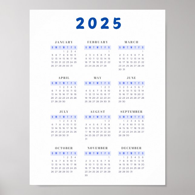 Minimalist 2025 Wall Calendar Blue Poster  (Front)