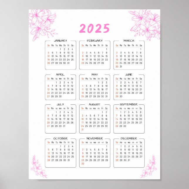 Minimalist 2025 Wall Calendar Pink Floral Poster  (Front)