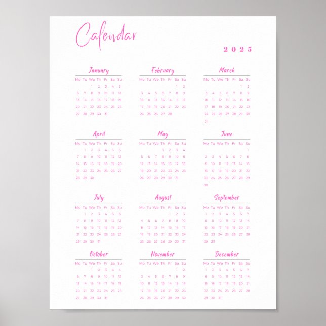 Minimalist 2025 Wall Calendar Pink Monday - Sunday Poster (Front)