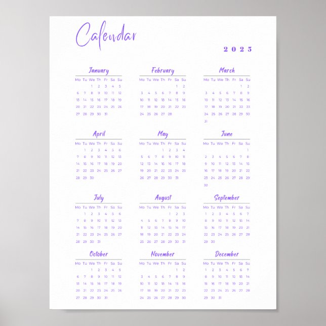 Minimalist 2025 Wall Calendar Purple Monday-Sunday Poster (Front)