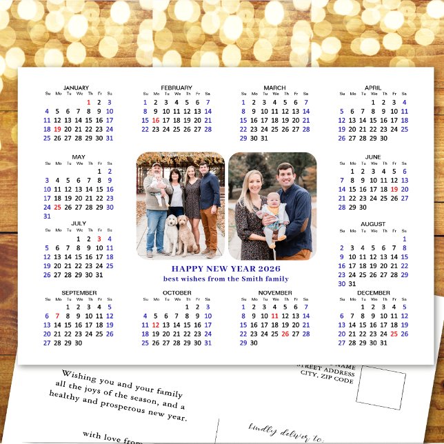 Minimalist 2026 Calendar Modern Family 2 Photo Holiday Postcard (Creator Uploaded)