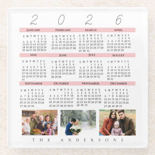 Minimalist 2026 Multi Photo Calendar  Keepsake Glass Coaster (Front)