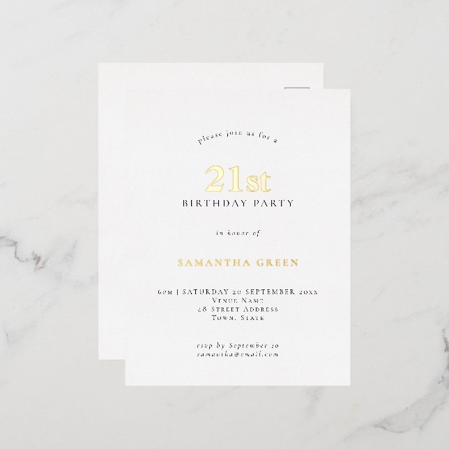 Minimalist 21st Birthday Party White Glam Real Foil Invitation Postcard (Front/Back)