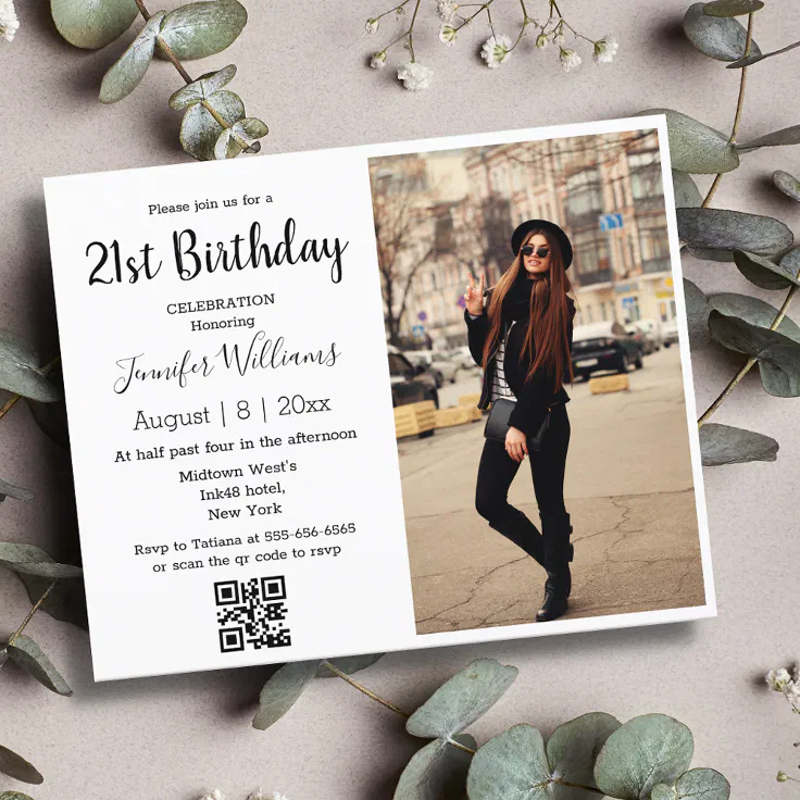 minimalist 21st birthday photo qr code invitation Zazzle
