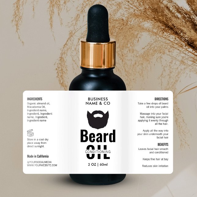 Minimalist  2 OZ Beard Oil Bottle Wrapper Label (Stylish beard and moustache oil bottle wrapper label design with icon and product ingredients)