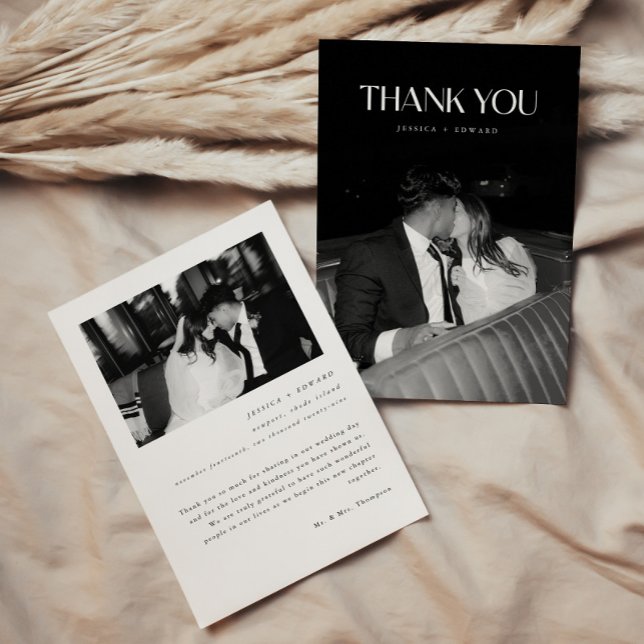 Minimalist 2-Photo Black & White Custom Wedding Thank You Card (Creator Uploaded)