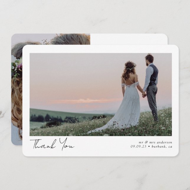 Minimalist 2 Photo Calligraphy Wedding Thank You Card (Front/Back)